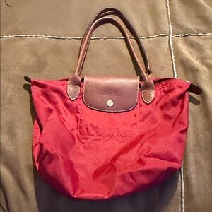 Longchamp Red Tote Bag with Brown Accents